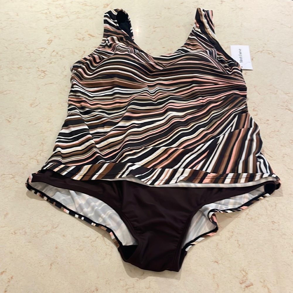 NWT Meet.Curve swimsuit brown striped one piece SZ 2XL